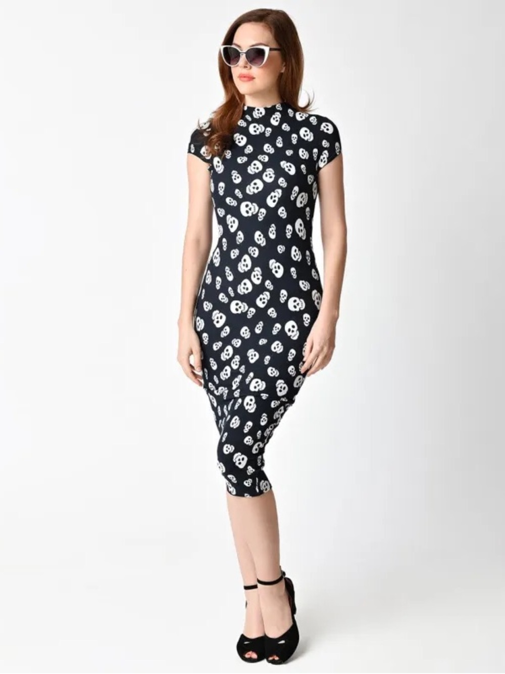Unique Vintage Skull Print Cap-Sleeve Wiggle Dress - Size Large